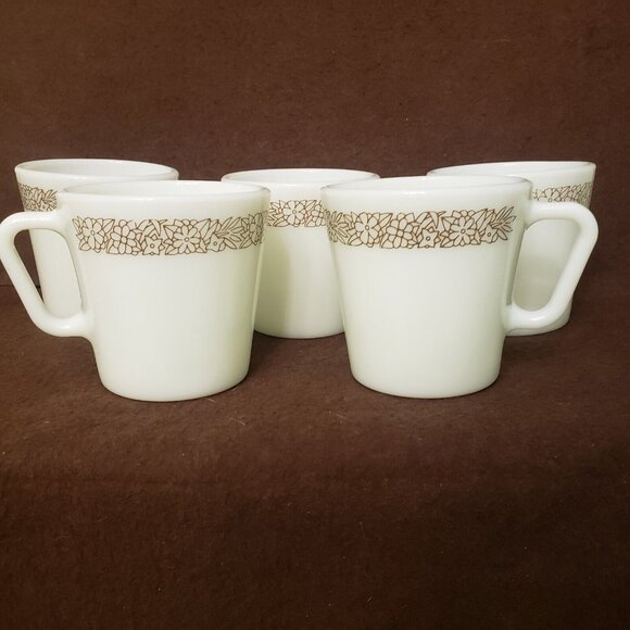 Set Five Vintage Pyrex Woodland White Milk Glass D-Handle Mugs 1410 Brown Flower - Picture 1 of 7